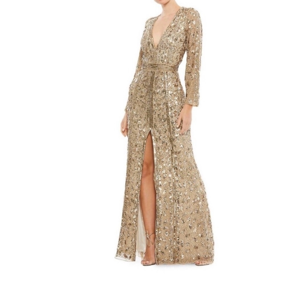 Mac Duggal Gold Sequin Long Sleeve Dress